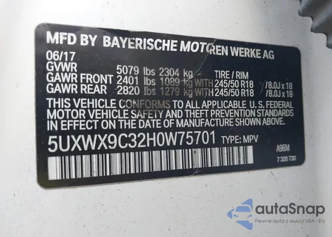 2017 BMW X3 xDrive28I из США, поврежденный, VIN 5UXWX9C32H0W75701